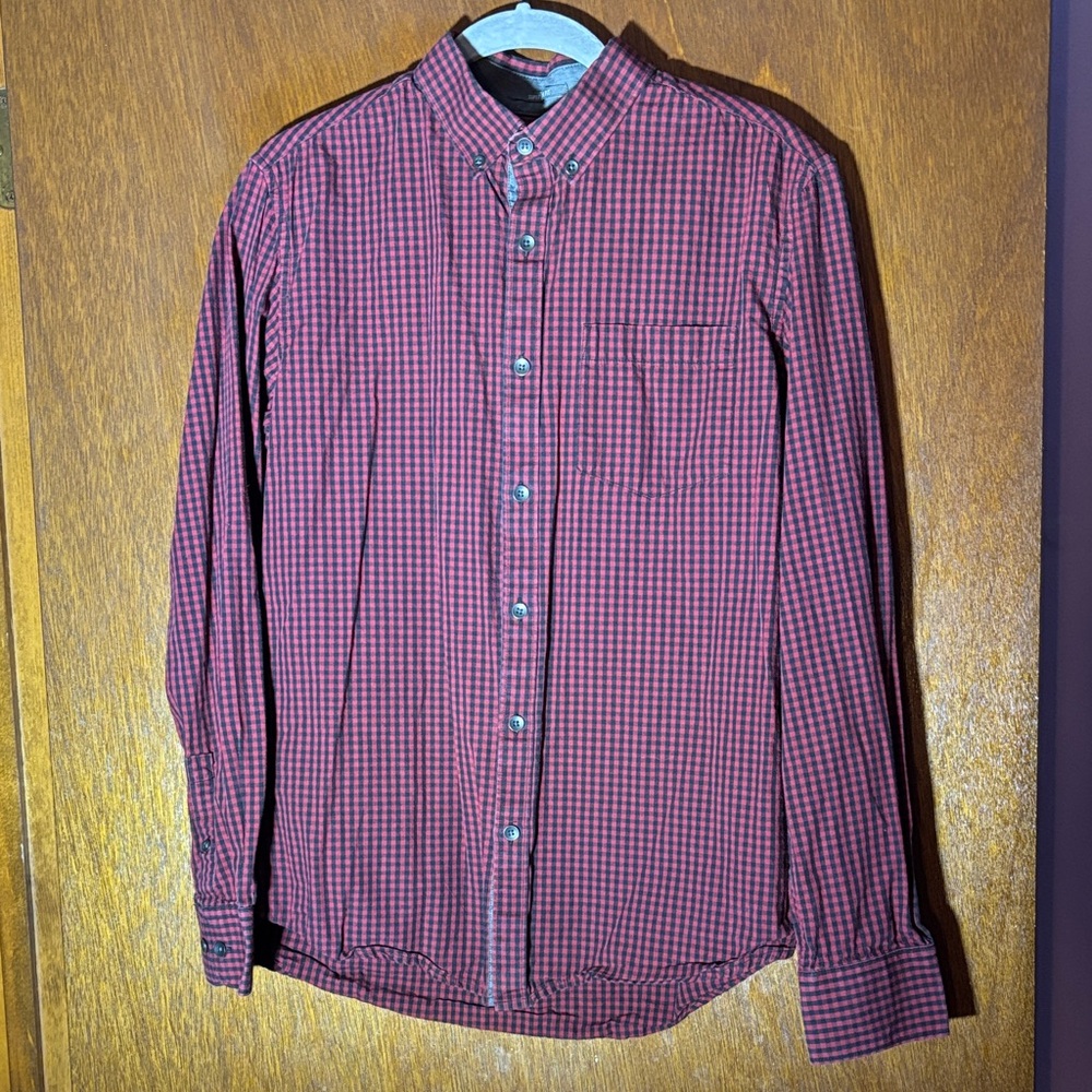 Kenneth Cole Men's Burgundy Checkered Button Down Shirt